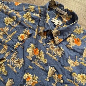 Vintage Pierre Cardin Shirt Mens XL Blue Tropical Palm Tree 100% Cotton Aloha